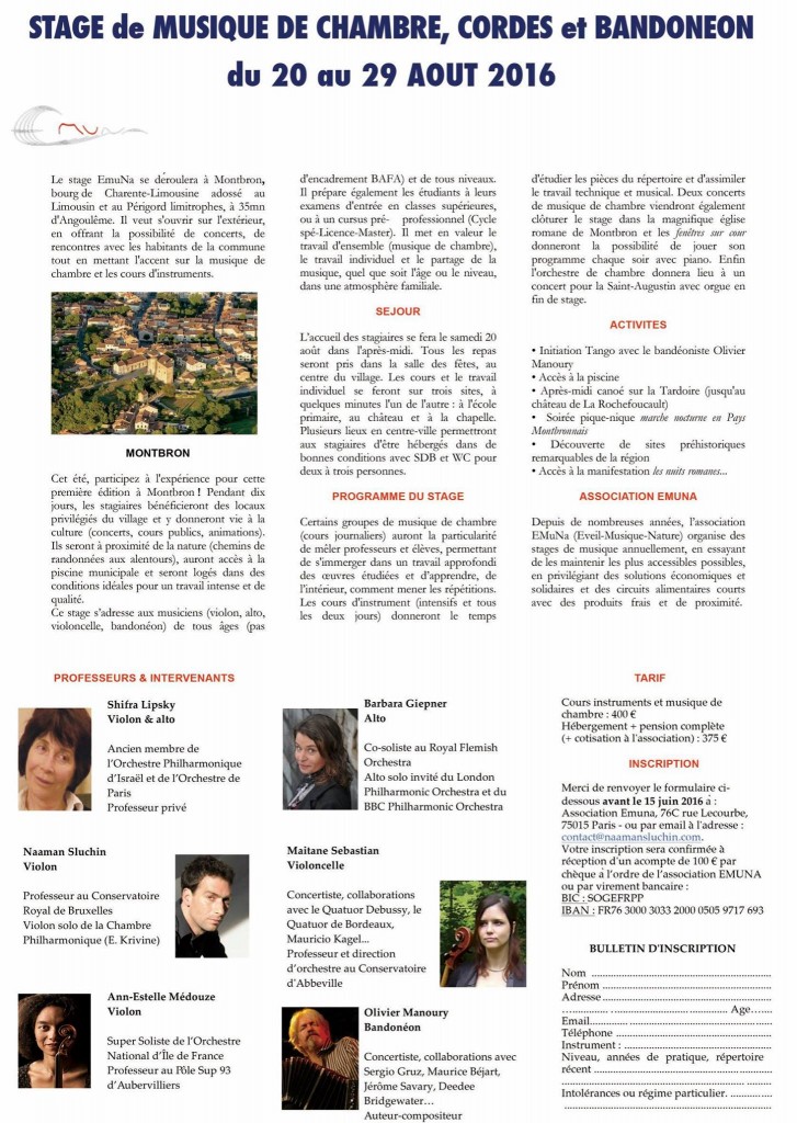 Stage de musique de chambre, cordes et bandonéon du 20 au 29 août 2016 Stage de musique de chambre, cordes et bandonéon
